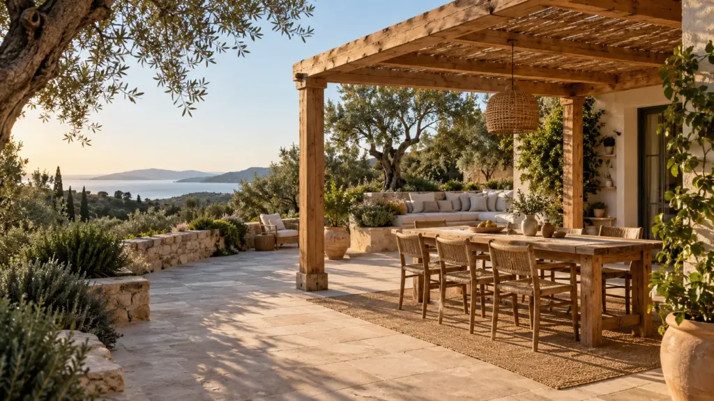 Pérgola de madera en una terraza mediterránea con comedor exterior y olivos