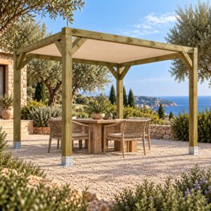 Pérgola de Madera Maciza 3x3 con Toldo Fijo | Casetiva